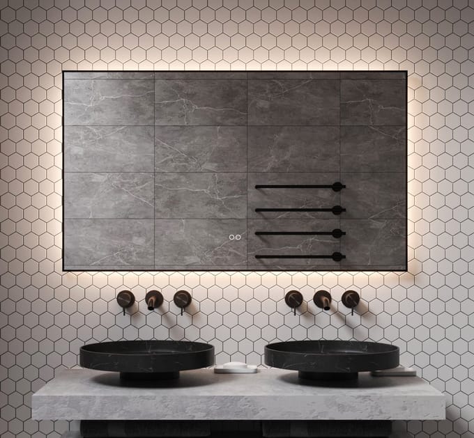 Schaere - Badkamerspiegel - Indirecte Verlichting - Spiegel Verwarming - Touch Sensor - Dimfunctie - Mat Zwart Frame - 120x70 cm