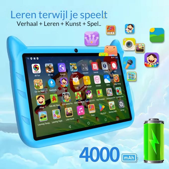 BDF Kindertablet 7 Inch, Dubbele Camera, Android en 64GB Opslag voor Kinderen Blauw kleur