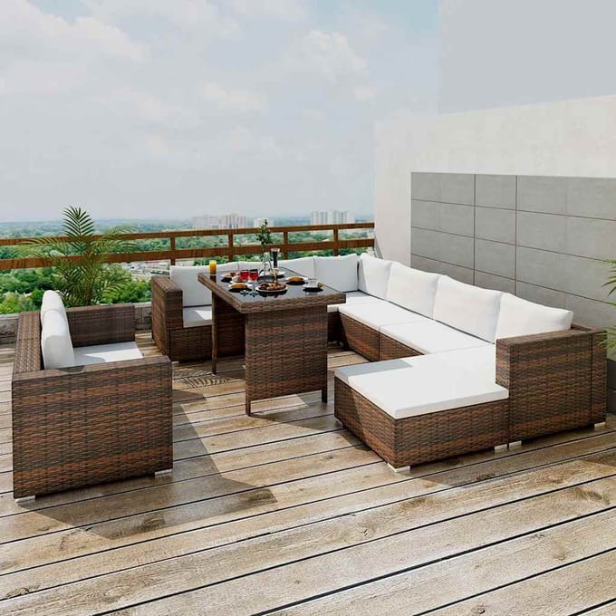 vidaXL - 10-delige - Loungeset - met - kussens - poly - rattan - bruin