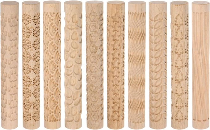 QUARKZMAN 10pcs Wood Clay Roller Pattern Modelling 15cm Beech Wood Ceramic Tools Wood Grain Structure Rolls for Clay Baking Dough DIY