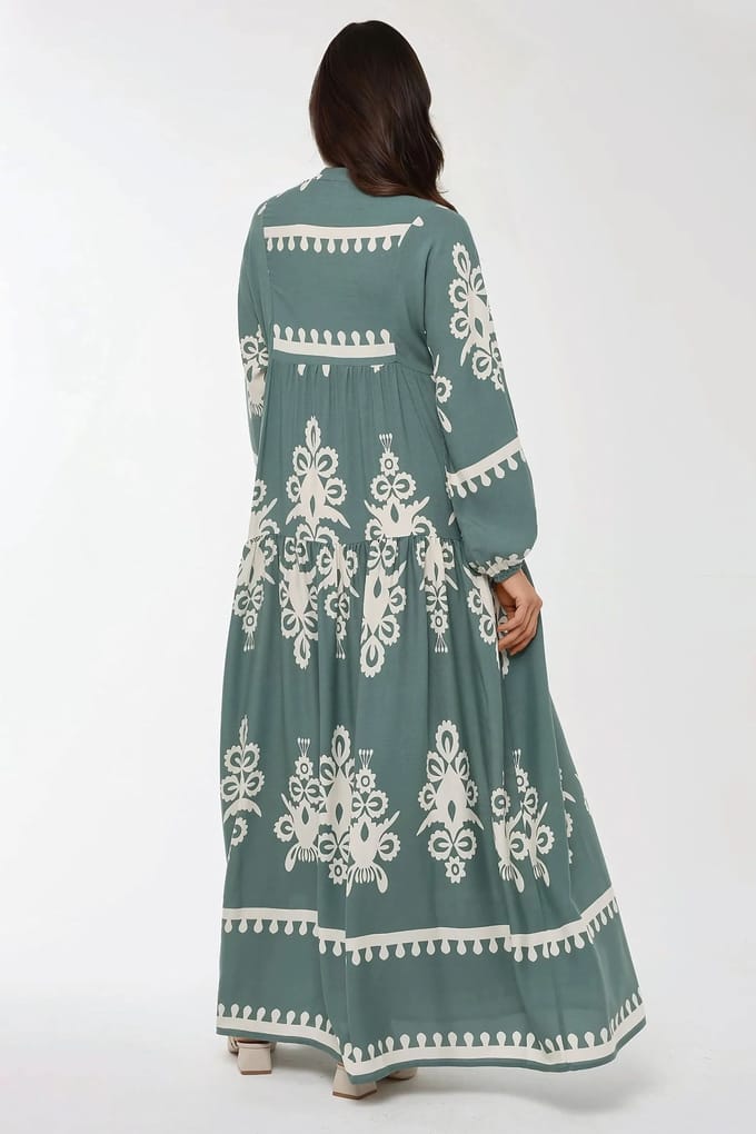 Geprinte Lange Mouwen Viscose Maxi Jurk