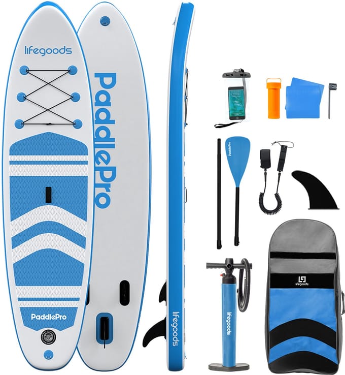 LifeGoods PaddlePro SUP Board - Opblaasbaar Paddle Board - Complete Set - Max. 150KG - 320x81cm - Wit/Sky Blue