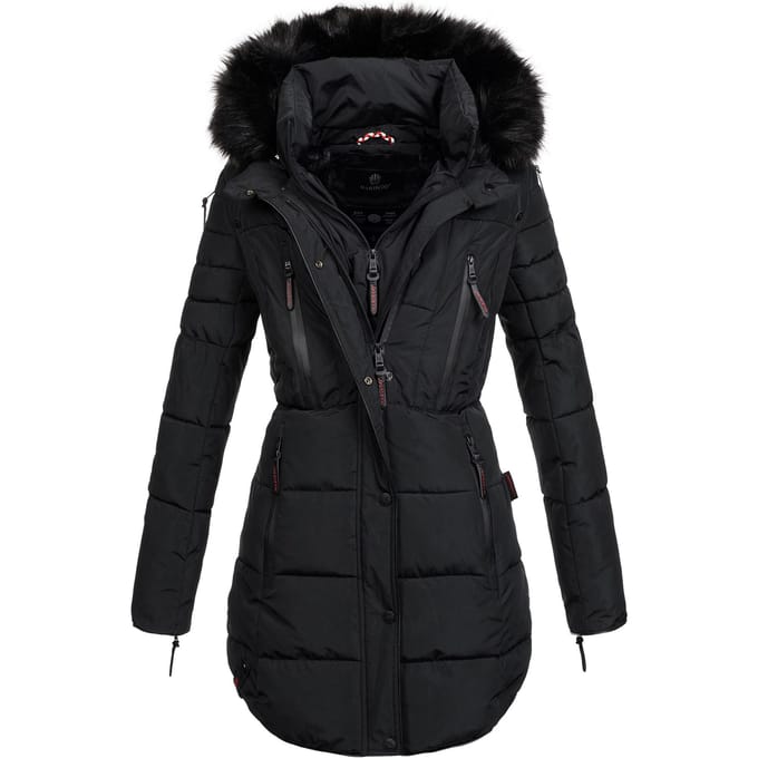 Marikoo lange dames winterjas Moonshine met imitatiebontkraag & teddyvoering