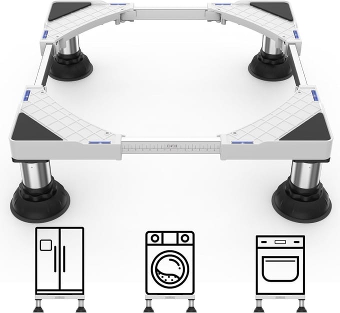 Verstelbare wasmachinebasis met antislipfunctie, geschikt voor wasmachines en drogers, breedte 45-65 cm, hoogte 15-18 cm, wit