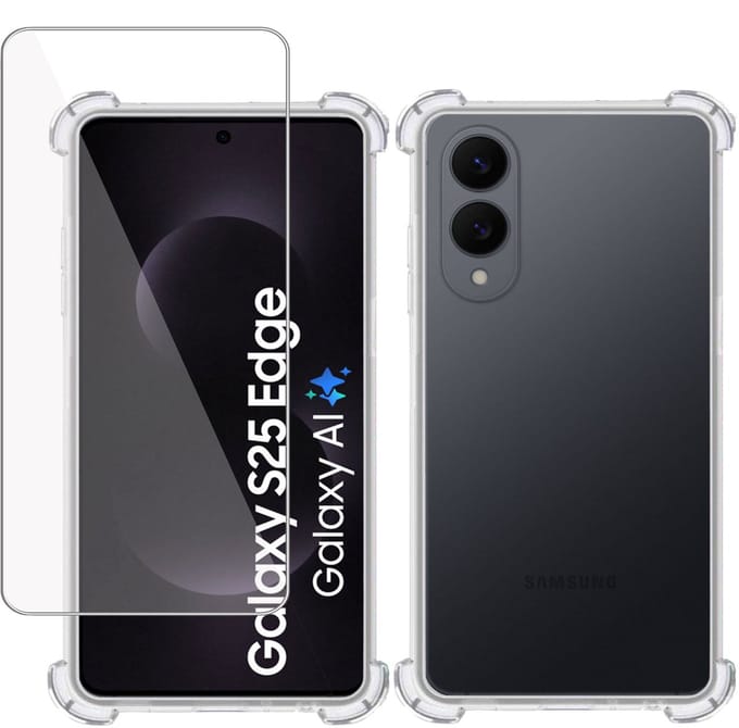TechNow Hoesje + Screenprotector geschikt voor Samsung Galaxy S25 Edge Hoesje Screenprotector - Tempered Glass - Extreme Shock Case Transparant
