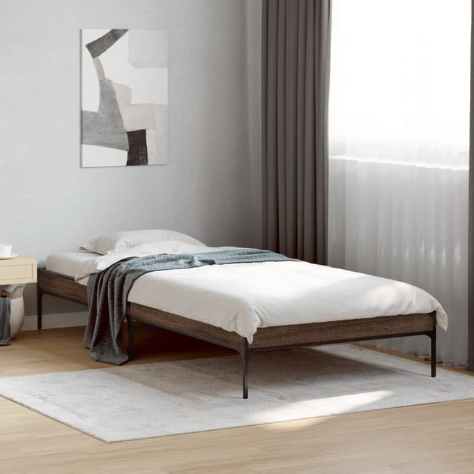 vidaXL - Bedframe - bewerkt - hout - en - metaal - bruin - eikenkleurig - 90x190 - cm