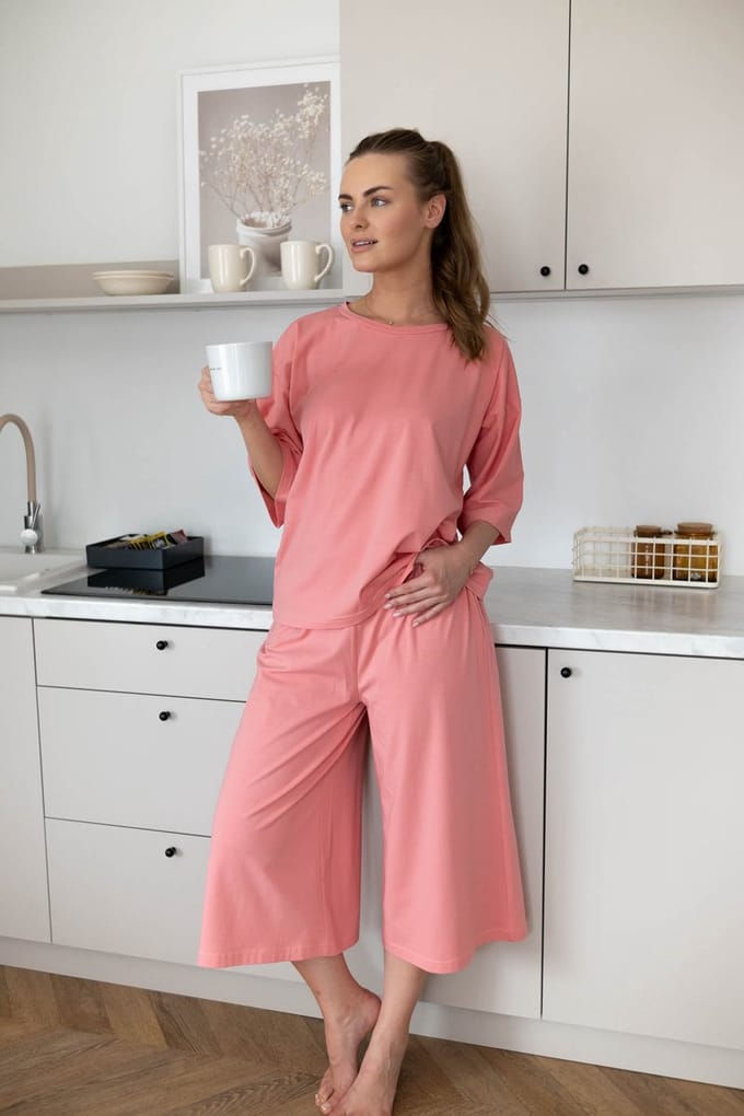 Dames pyjama Dag & Nacht-oversized top & wijde broek-duurzaam katoen-roze-maat XS/S