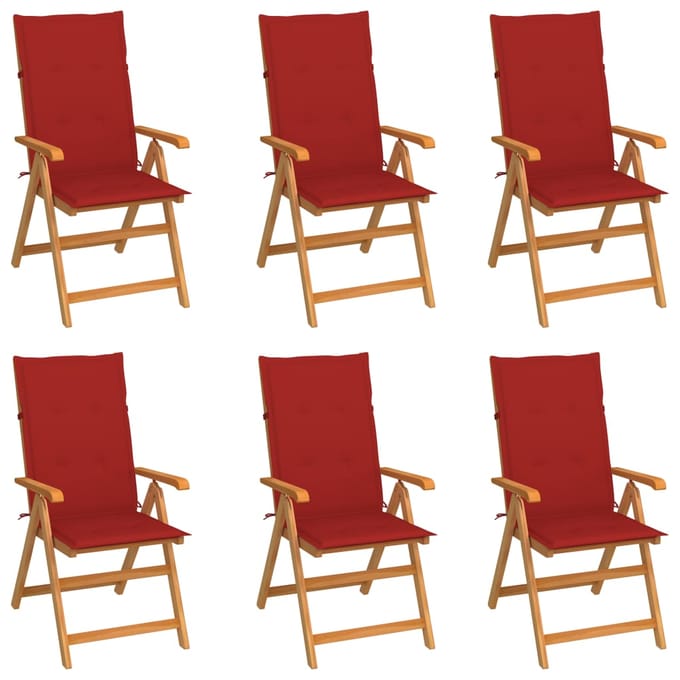 vidaXL - Inklapbare - stoelen - 6 - st - met - rode - kussens - massief - teakhout