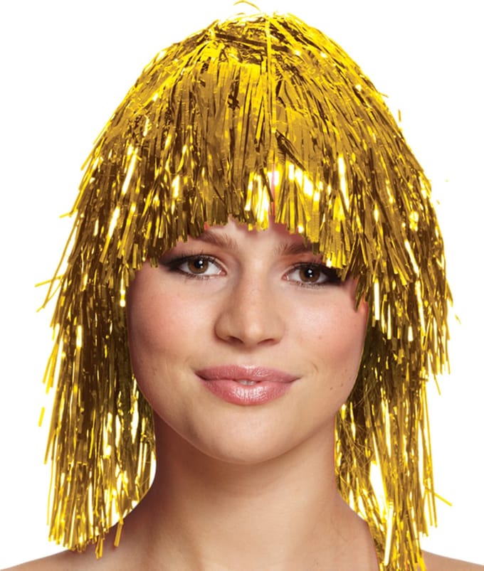 Folie verkleedpruik - tinsel - dames - goud - disco/eighties thema