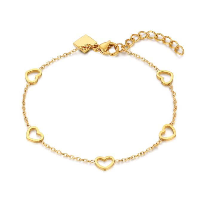 Twice As Nice Armband in edelstaal, 5 hartjes Goudkleurig 16cm+3cm