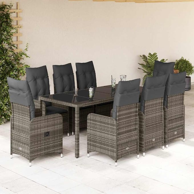 vidaXL - 9-delige - Bistroset - met - kussens - poly - rattan - grijs