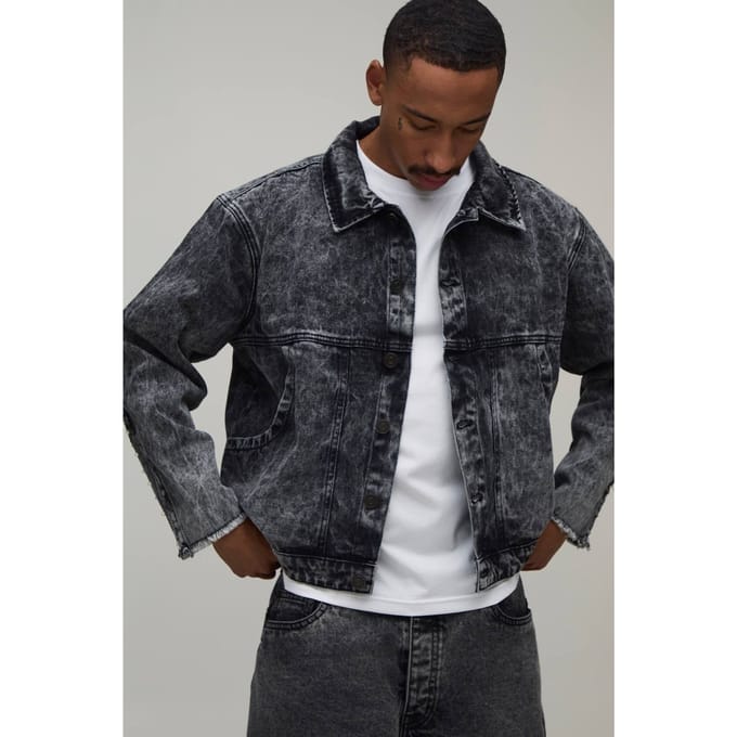 Oversized Acid Wash Pearl Embellished Denim Jacket | Washed Black | Size Medium