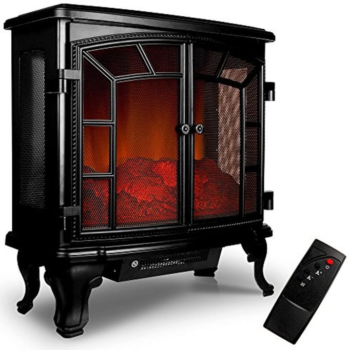 Deuba Electric Stove Electric fireplace Double door LED Fireplace effect Timer Remote Control 2000W Black