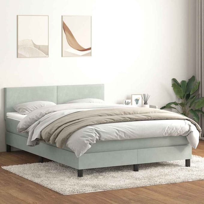 vidaXL - Boxspring - met - matras - en - LED - fluweel - lichtgrijs - 160x220 - cm
