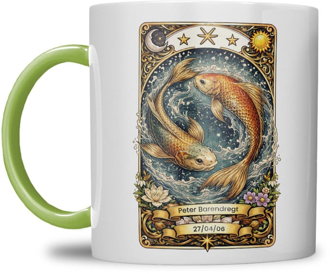 Sterrenbeeld mok - Vissen - Licht Groen - Tarot mok - Gepersonaliseerd met naam en datum