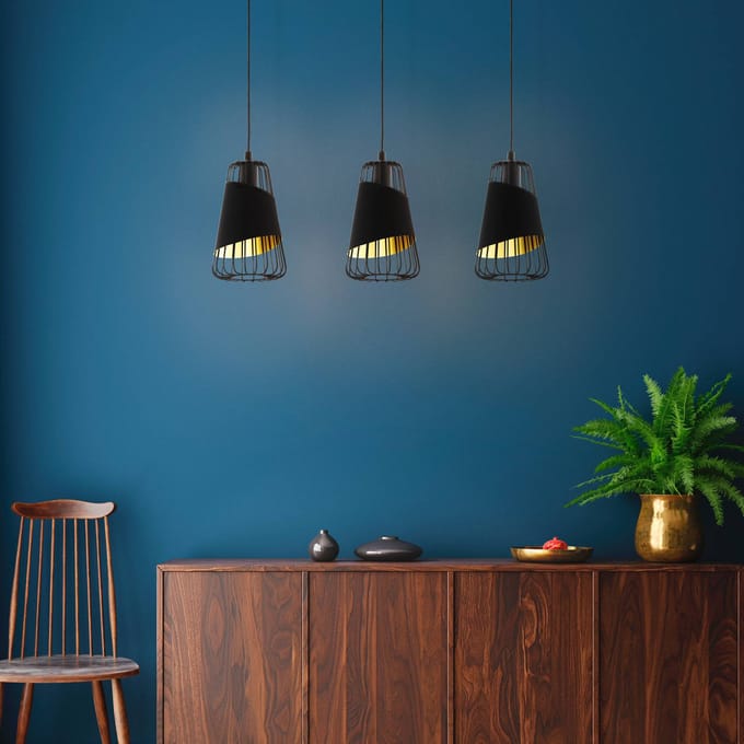 EGLO Austell hanglamp, lengte 76,5 cm, zwart/goud, 3-lamps.