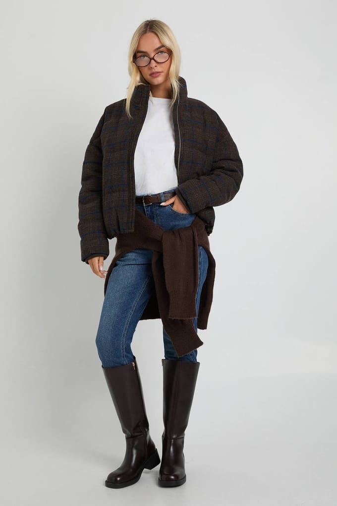boohoo Dames Check Puffer Jacket | Brown | Maat: 14
