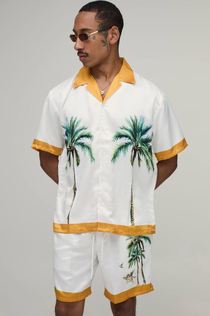 Oversized Shirt Met Korte Mouw En Short Set Met Locatieprint In Satijn | Yellow | Size Medium