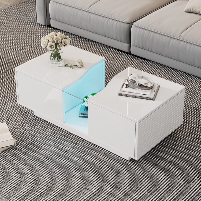 REDOM Salontafel 100x50 cm van MDF, wit hoogglans met LED-verlichting en hol ontwerp, 2 laden