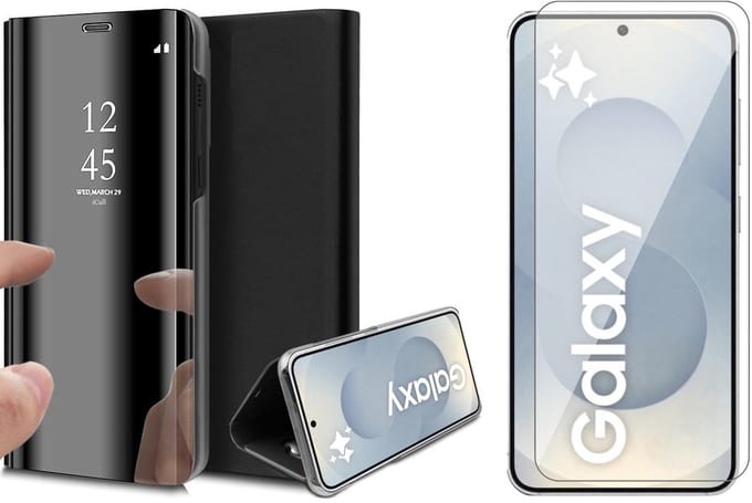 Hoesje geschikt voor Samsung Galaxy S25 Plus - Screenprotector Glas - Spiegel Book Case Zwart