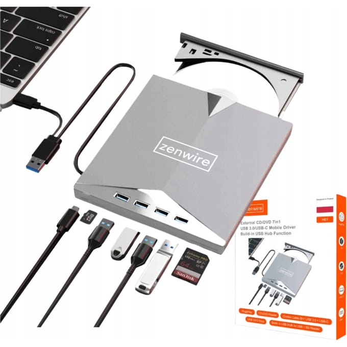Zenwire H61 - Draagbaar extern station - CD-lezer - DVD-speler Schijfbrander - HUB 7in1 USB-C 3.0 - 4xUSB 2.0 - SD/Micro SD-kaartlezer - Plug & Play - stille werking - Brede compatibiliteit