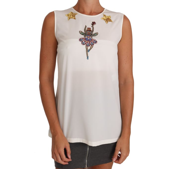 Dolce & Gabbana Vrouwen Top van Wit Zijde Versierd Kristal Pailletten