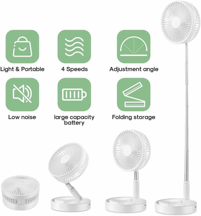 Draagbare USB vloerventilator opvouwbare tafelventilator oplaadbaar verstelbare hoogte stil