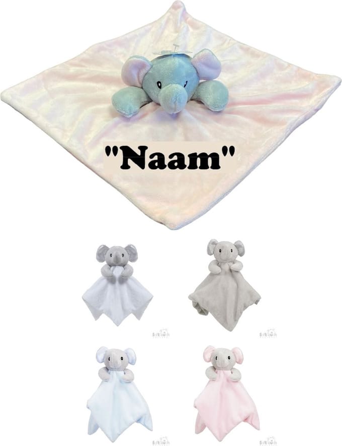 Soft Touch Knuffeldoekje Olifant Met Naam-persoonlijk kraamcadeau 36 x 36 Cm BC36 Kleur: Wit
