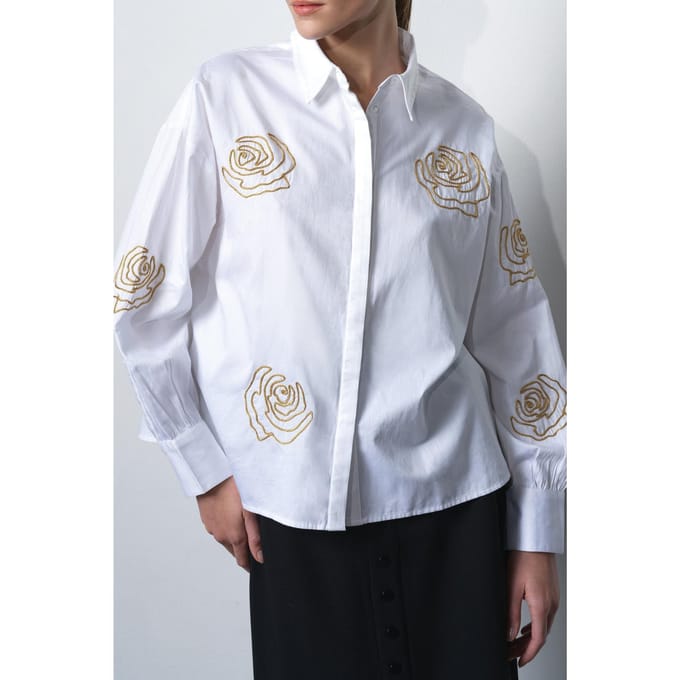 French Connection Alexis Cotton Embroidered Shir Linen White Gold Größe: L | Blusen Outlet | Damen | Weiß