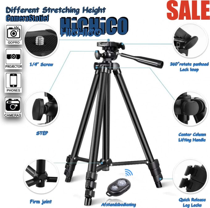 Camera Statief, Smartphone Statief, Tripod Inclusief Bluetooth Remote Shutter en Waterpas, HiCHiCO Model 3120 Zwart