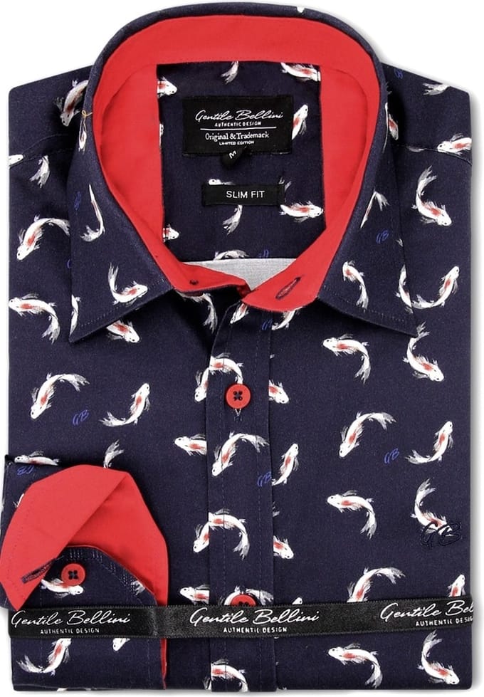Heren Overhemd - Slim Fit - Japanse Kempvis Satijn - Blauw - Maat M