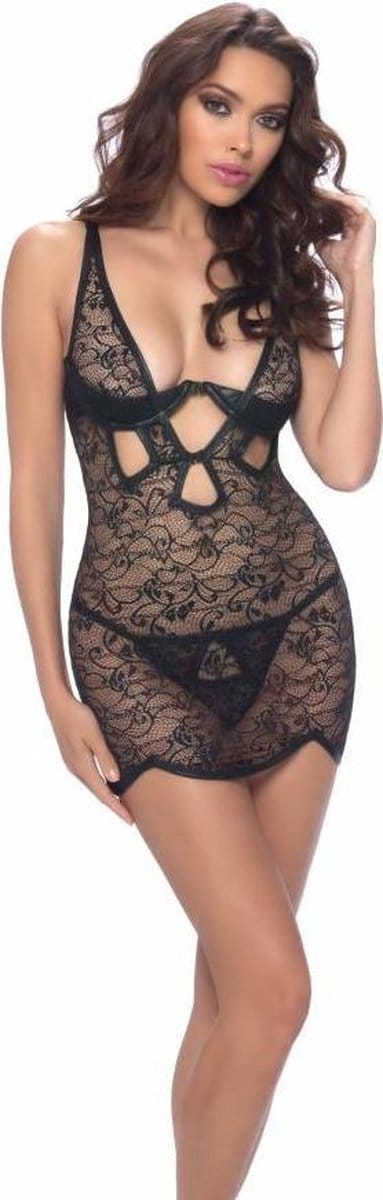 Zwarte babydoll kant/wetlook - M