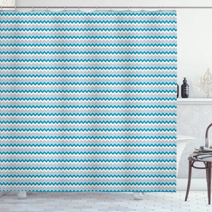 ABAKUHAUS douchegordijn – Zigzag-stam – 175×180 cm – Wit Blauw Grijs