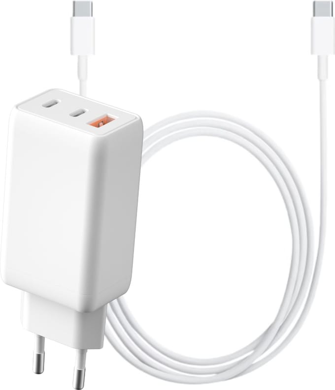 65w GaN 3 Poorten usb C Power Adapter met Rubberen usb C naar usb C Kabel 3 Meter Lang - Super Fast Charger 3.0 - 30% Kleiner