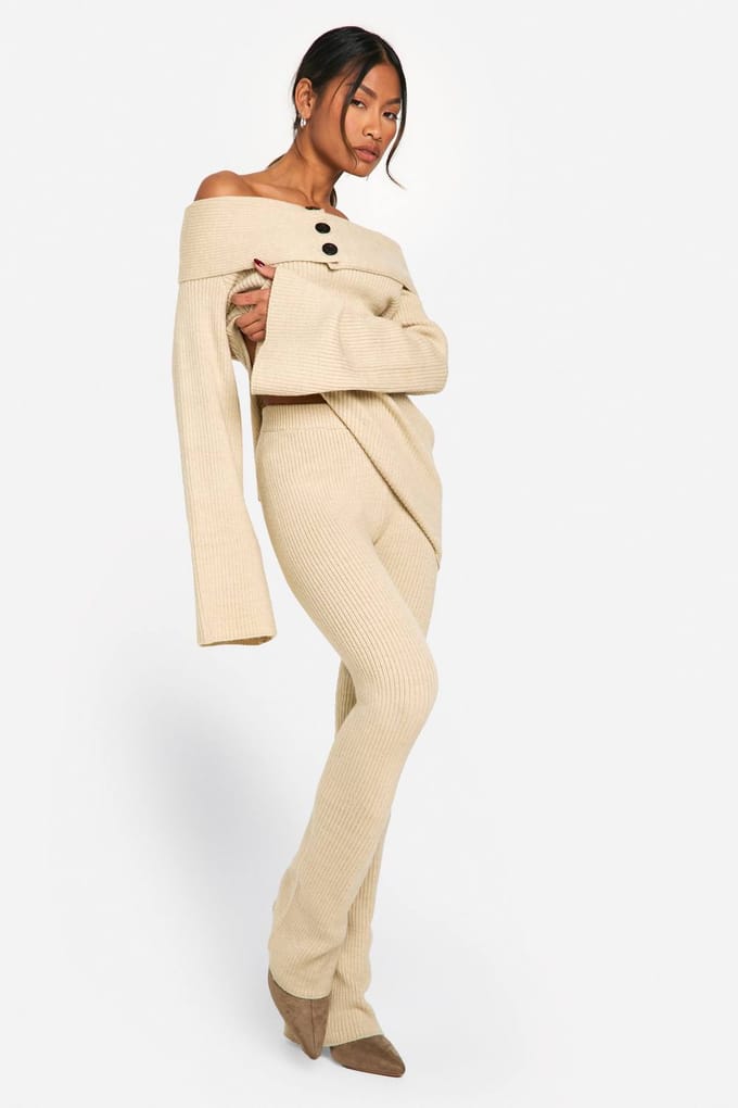 boohoo Dames Premium Geribde Gebreide Flared Broek | Steen | Maat: Small