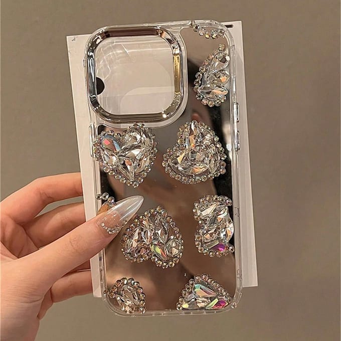 Coque de téléphone Mirror Love pour IPhone 16 Pro 15 Plus 14 13 12 11 Pro Max Coque de téléphone à strass tendance Veste de protection iPhone 16 Plus beige