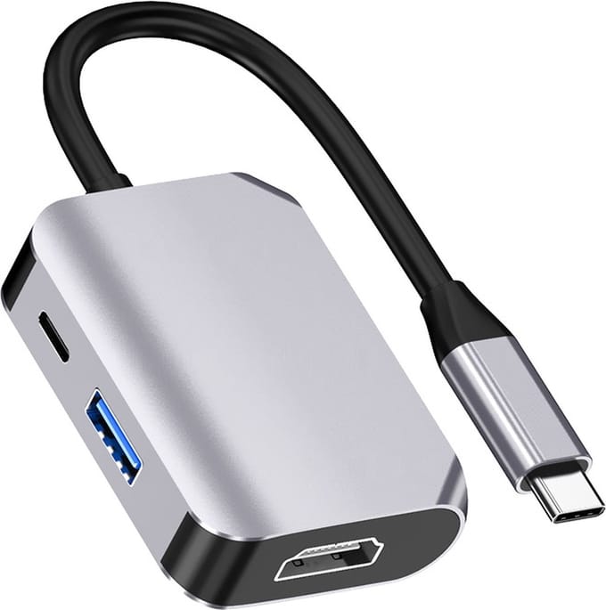 3 In 1 USB-C naar HDMI 4K + USB 3.0 + USB-C - Adapter hub kabel converter - voor o.a. Macbook en Laptop - grijs