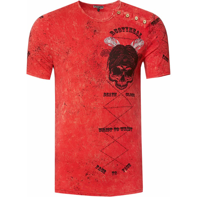 T-shirt met gewassen ronde hals, knoopsluiting en prints