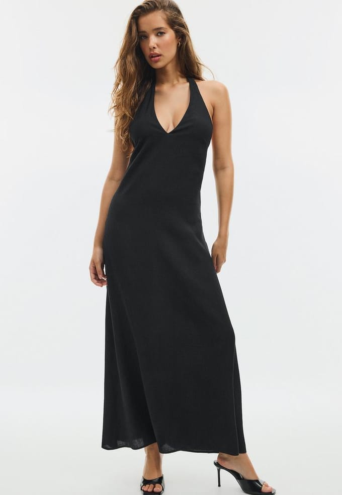 Stradivarius Midi-jurk met halter en structuur  Zwart XL