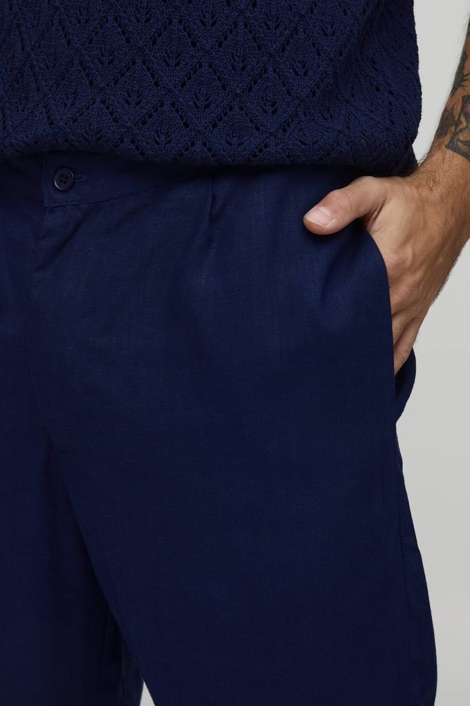 Slim Fit Half & Half Waist Linen Blend Trouser | Navy | Size XL