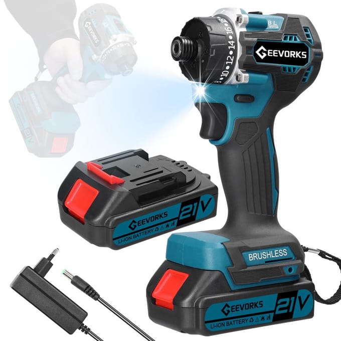 Geevorks 21V draadloze elektrische boormachine, borstelloze motor, 2 snelheden, bedieningsmodi vooruit en achteruit 2pcs batteries US Plug veelkleurig