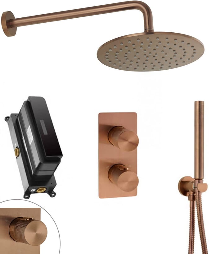 Ben Engraved Cross Slim inbouw regendoucheset Ø25cm met muuraansluiting geborsteld koper pvd-coating