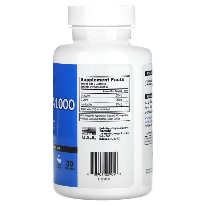 fitcode, BCAA 1 000, 1 000 mg, 60 comprimés (500 mg par capsule)