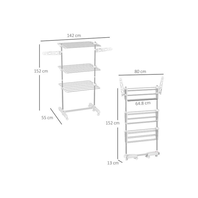 Séchoir mobile HOMCOM Séchoir triple pliable avec roues, 80-142 x 55 x 152 cm