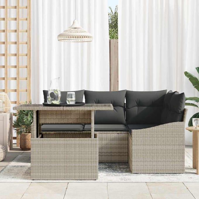 vidaXL Tuinbank Set met kussen met opslag 5 pcs Lichtgrijs poly rattan