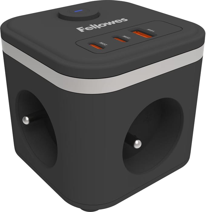 Fellowes Power Cube Stekkerdoos –Type E - 3 Stopcontacten + USB-C & USB-A – 2M Kabel – Met Schakelaar – Kubus Verlengsnoer