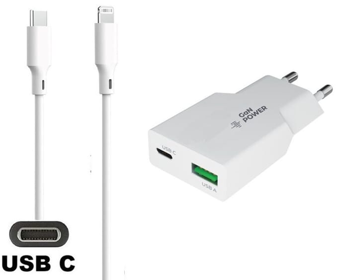 OneOne 30W snellader met 2 poorten + 1,5m OneOne USB C naar Lightning kabel. PD PPS lader. GAN oplader adapter past op Apple iPhone 11 Pro, iPhone 11 Pro Max, iPhone 12, iPhone 12 Mini, iPhone 12 Pro, iPhone 12 Pro Max, iPhone 13