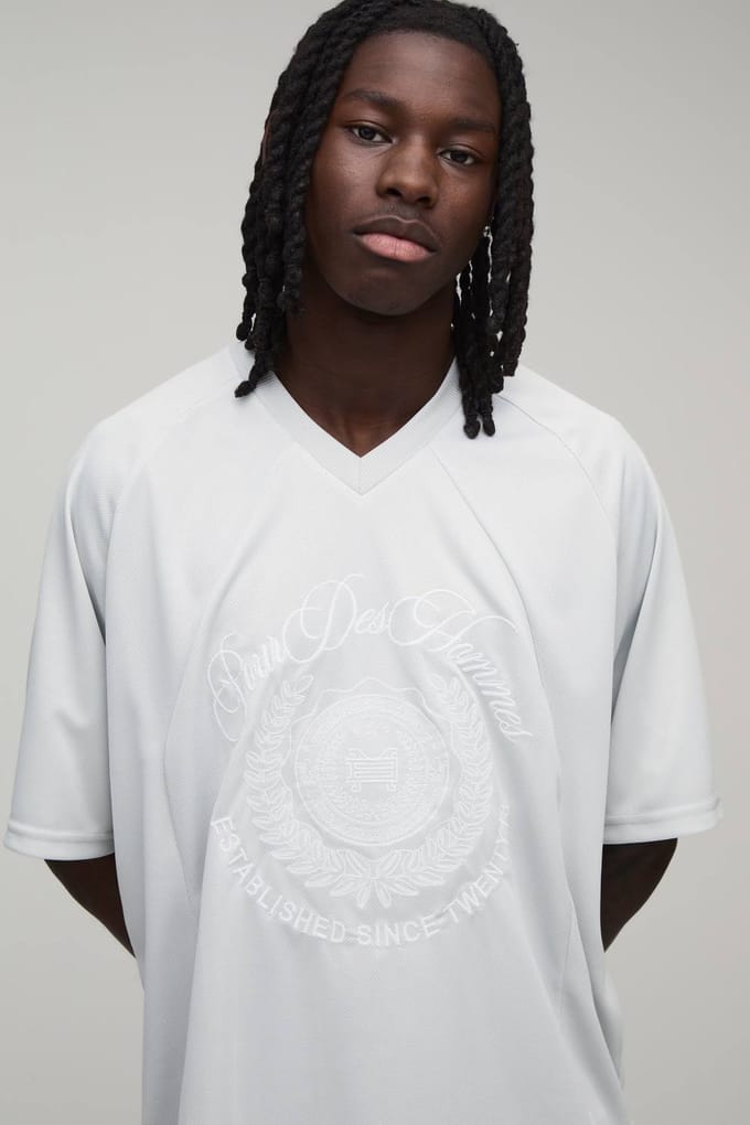 Oversized Mesh Embroidered Hockey Top and Basketball set | Light Grey | Size Medium