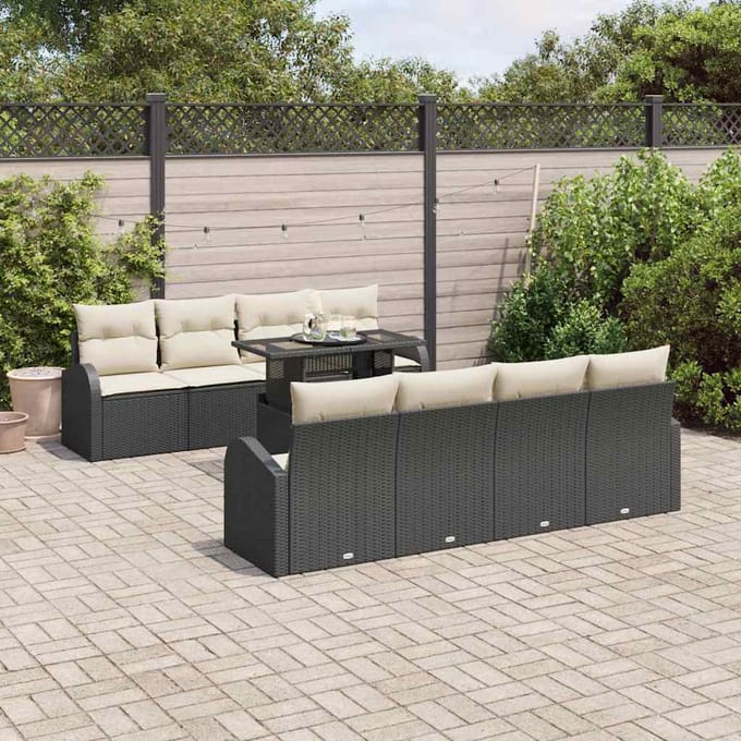 vidaXL Tuinbank Set met kussen met opslag 9 pcs Zwart Poly Riet
