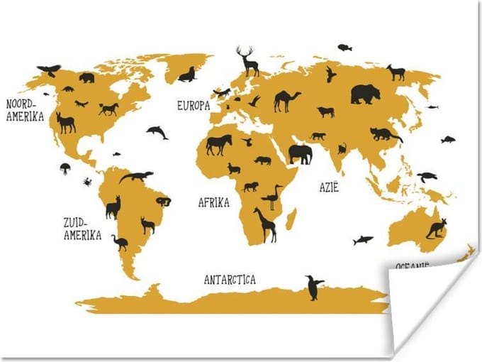 Wereldkaart kinderen - Dieren - Bruin - 160x120 cm - Poster